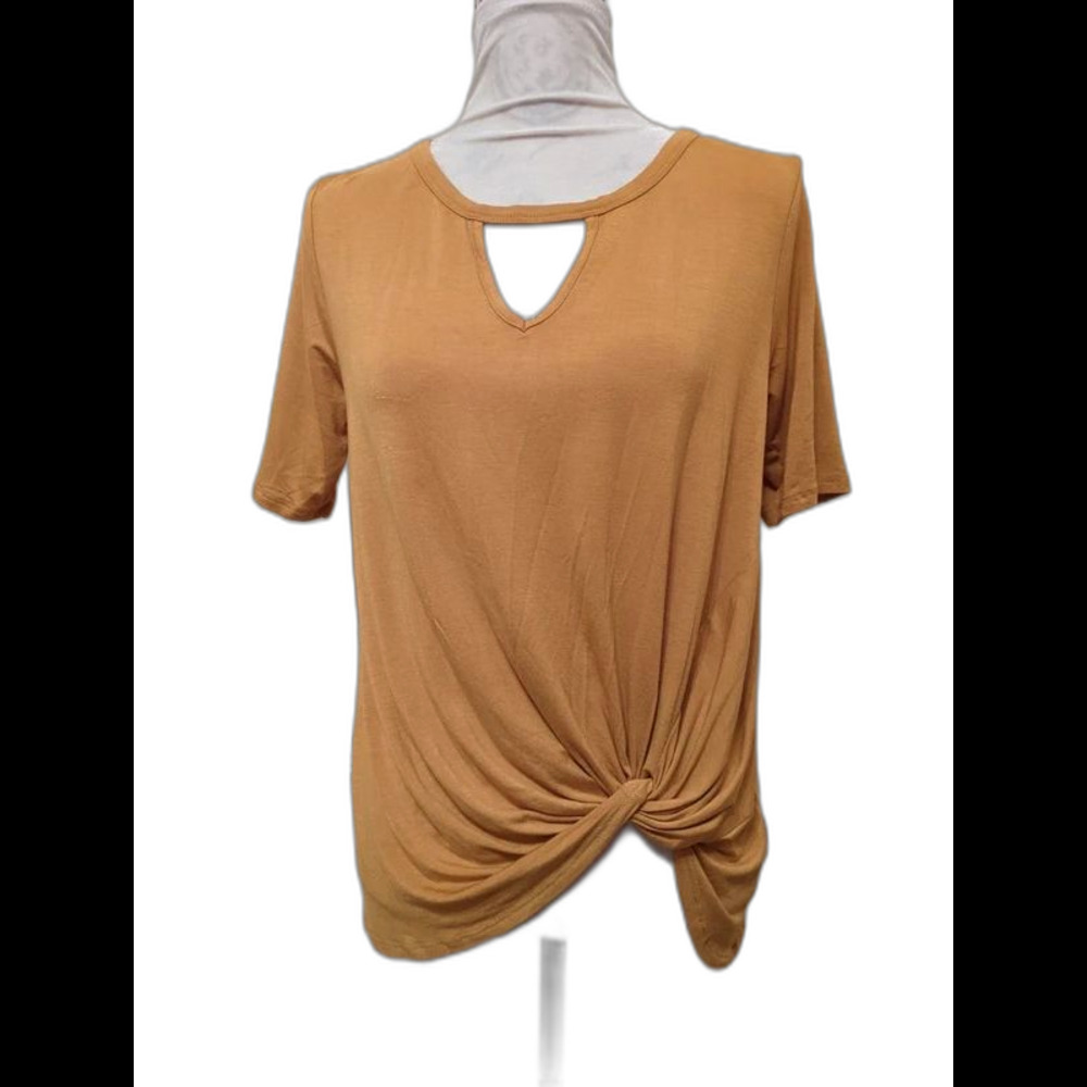 Mustard Tee Side Gathered Hem Keyhole Front Sz S